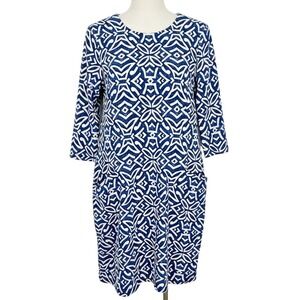 J.McLaughlin Blue White Geometric Print 3/4 Sleeve Pocket Sheath Dress Size M